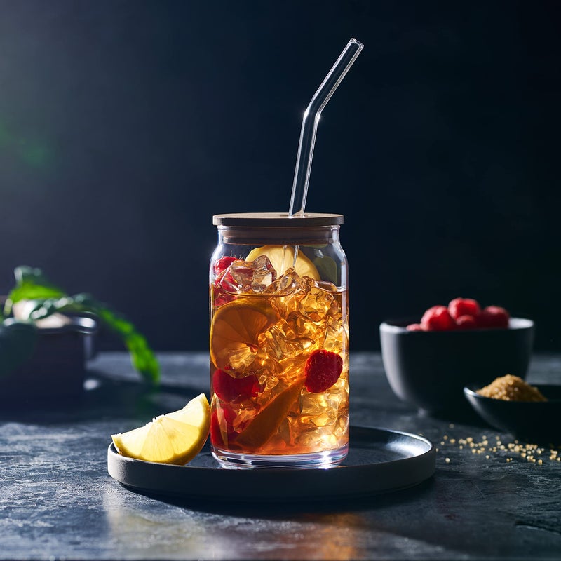 ليريز مجموعة من 4 أكواب للشرب على شكل علبة مع أغطية وقش من الخيزران - أكواب مياه شفافة سعة 16 أونصة للقهوة المثلجة والشاي والكوكتيلات والويسكي والصودا - كوب بهلوان - Image 4